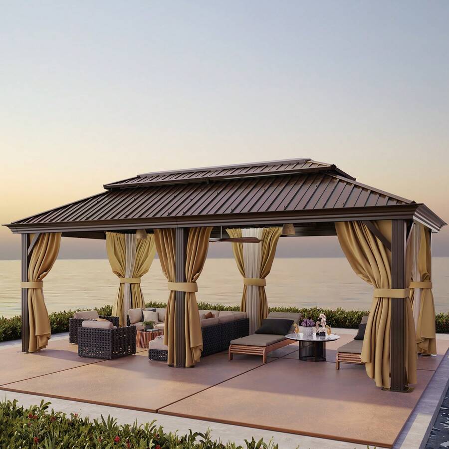 tooluck 12x20 Hardtop Gazebo With Metal Roof, Heavy Duty Galvanized Steel Gazebo With Reinforced Aluminum Frame, Flame-Resistant Curtains And Netting, Suitable For All-Weather, Brown