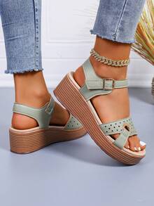 2025 New Arrival Women's Summer Thick Sole Wedge Heel Casual Open Toe Lightweight Sandals, Wood Grain Sole, Ankle Strap With Buckle, Elastic Band, Hollow-Out Design, Suitable For Spring/Summer Vacation, Fashion Beach Shoes