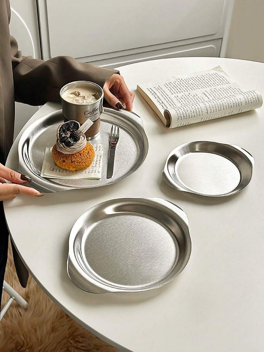 1 件美式不锈钢炸鸡小吃盘、扁平蛋糕/糕点盘、烧烤托盘、下午茶咖啡圆形托盘 - 銀色 - 查看 1