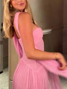 Váy lưới xoắn phía trước gợi cảm màu trơn thanh lịch dành cho nữ, thích hợp cho tiệc tùng, đám cưới, sinh nhật, vũ hội, tốt nghiệp, ngày lễ, khách, cocktail, mùa hè - Hồng - Xem 4