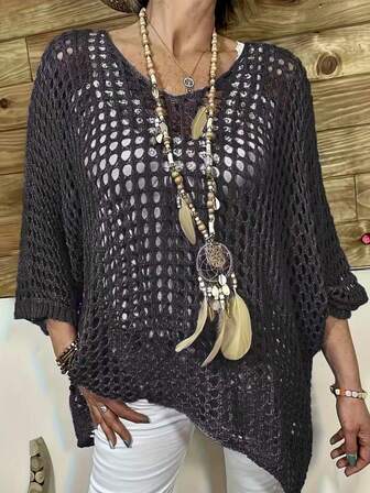 Suéter de punto de cobertura casual con cuello en V y diseño calado para tallas grandes de unicolor