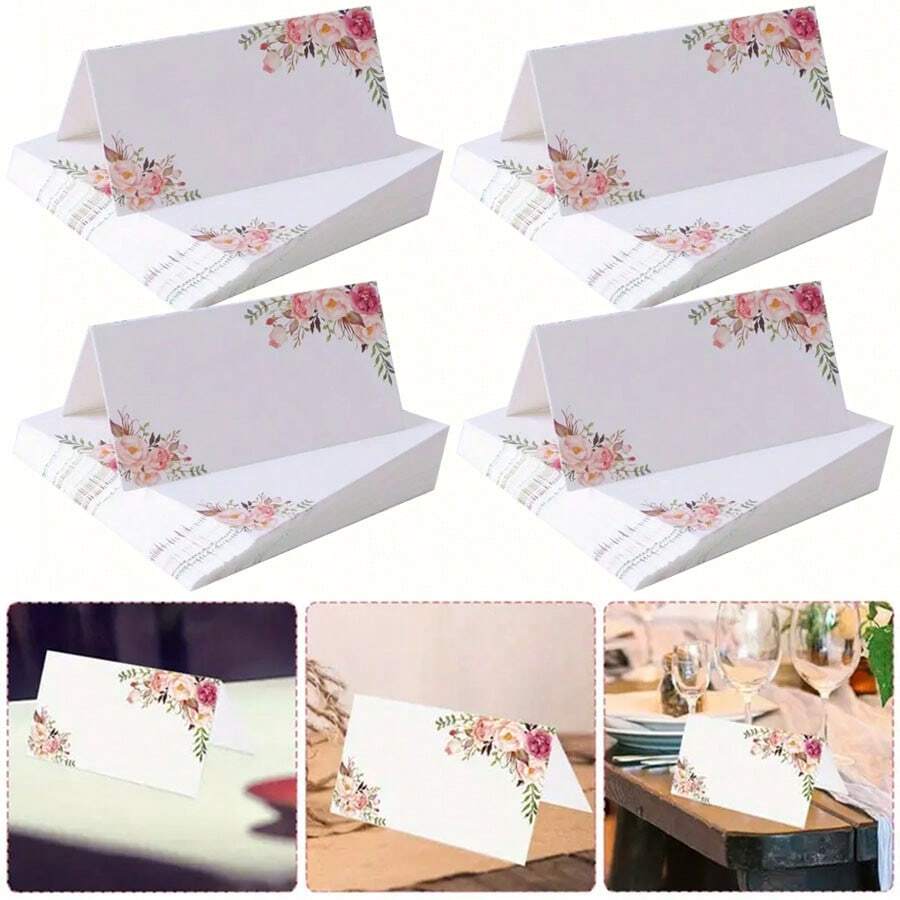 5/20/40 件座位卡空白桌名牌，婚礼用品，宴会婚礼座位卡花卉印花装饰座位卡，派对装饰 - 白色 - 查看 1