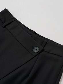 120g Woven Fabric Asymmetric Waist Double-Buckle High-Waisted Casual Loose Wide-Leg Pants For Women, Minimalist Solid Color - Black - View 6