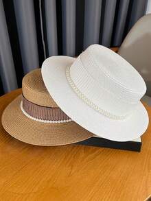1pc Women Straw Hat, Casual Bohemian Street Elegant French Flat Top Hat, Suitable For Summer Elegant Pearl Straw Beach Sun Hat, Ideal For Gatherings, Outings, Outdoor Use - Multicolor - View 4