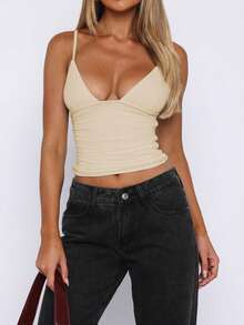 女式纯色 V 领性感修身街头服饰春夏季度假派对俱乐部外出吊带背心短款上衣