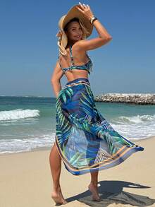 3-częściowy damski strój na wakacje na plaży latem: tropikalny nadruk liści, twarde ramiączka bikini + spódnica sarong z siateczki z nadrukiem