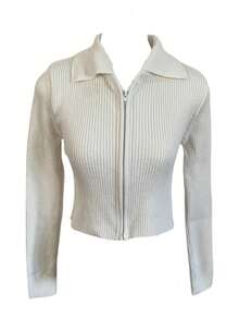 Knitted Cropped Cardigan Jacket With Ribbed Fashion Zipper - 白色 - 查看 2