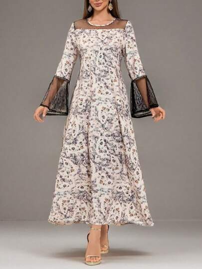 Women's Casual Lace Mesh Patchwork Round Neck Elegant Long Sleeve Robe Abaya Modest Kafftan Jalabiya Arabian Dresses Summer Dresses