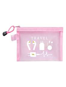 Mesh Cosmetic Bag With Data Cable Pattern,Printed With Data Cable, Headphone, And Charger Patterns Design,Red Air Cushion Storage Portable Storage Bag, Makeup Bag, Skincare Bag, Travel Essentials,For Holiday Beach, Bathroom Collection, Bedroom Collection, Large Capacity - Multicolor - View 16