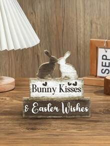 Rustic Wooden Sign - Bunny Kiss And Easter Blessing, Easter Wooden Ornaments, Farmhouse Tabletop Decor With Rabbit Silhouettes, Heart Accents & Bow Details, Holiday Home Desktop Decoration, Perfect For Home, Living Room, Or As A Gift For Easter, Rabbit Decor