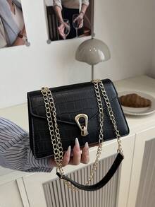 Crocodile Texture Mini Square Shoulder Bag, Minimalist Trapezoid Crossbody Bag With Chain Strap, Versatile - Black - View 8