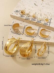 Set de 24 piezas/12 pares de pendientes metálicos elegantes con diseños de corazón y rayas para mujeres, con aros adornados con rhinestones y pendientes tipo botón simples, aptos para el uso diario y las vacaciones de verano casual - Dorado - Ver 6