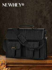 NEWHEY Ens Messenger Bag 15.6 Inch Leather Vintage Laptop Briefcase Waterproof Computer Laptop Bag Leather Satchel Bag Large Shoulder Bag For Office Work Travel College - Black - View 2