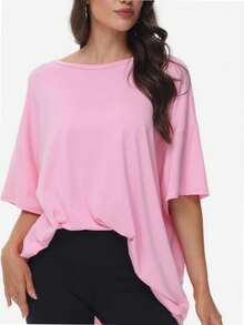 QUEENTI Women's Oversized T Shirt Loose Fit Round Neck Short Sleeve Top Summer Casual Shirt Basic Tee - Hồng - Xem 1