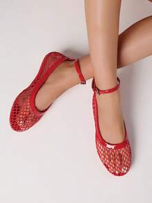 Mesh Ballet Women Flat Sandals Breathable Comfortable Ankle Buckle Strap Lightweight Soft Beach Vacation Fishnet Casual Summer Flats Shoes - 紅色 - 查看 5