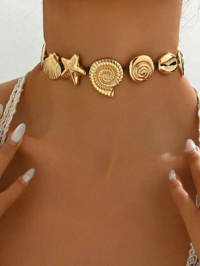 1pc New Summer Ocean Themed Necklace For Women, Vintage Boho Style Handmade Woven Rope Conch Shell Design Pendant Necklace, Versatile Daily Accessory & Gift