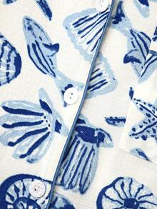 2pcs/Set Women's Blue Shell Print Summer Pajamas, Short Sleeve Button-Up Collared Shirt And Bowknot Shorts, Casual Loungewear For Spring & Summer - Blue - View 6