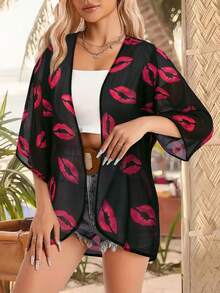 Lips Print Kimono Valentines Clothes Spring Summer Short Sleeve Cover Up - Multicolor - View 2