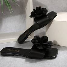 Women's Beach Flat Square Toe Non-Slip Slide Sandals - Black - View 6