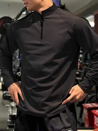 1 Piece Men's Sports Fitness Slim Top, Running Sports Outing Cycling Clothes, Half Zipper, Stand Collar, Casual Outdoor Top, For Husband, Boyfriend As A Gift