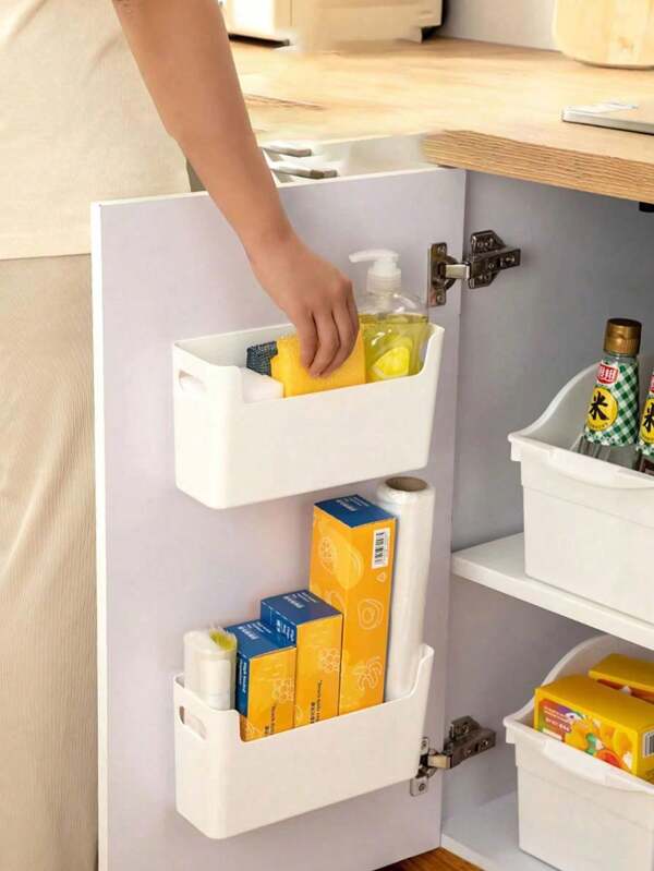 1 pieza Caja de almacenamiento para montaje en pared de cocina, caja de almacenamiento blanca, caja de almacenamiento para puerta de gabinete sin agujeros en el interior del gabinete, apta para cocina, baño, dormitorio y oficina, artículos de cocina, almacenamiento de cocina