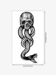 1pc Waterproof Temporary Tattoo, Skull & Snake Design, Dark Style, Personalized, Anti-Sweat, Non-Reflective - Black - View 6