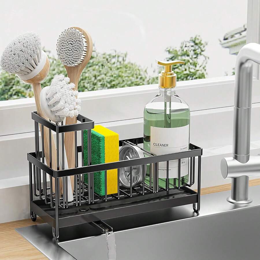 Cisily - Soporte de esponja negro para fregadero de cocina, organizador de fregadero con soporte de cepillo para polvo alto, organizadores de encimera de cocina y elementos esenciales de - Azul - Ver 1