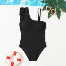 Tween Girl Ruffled One-Piece Swimsuit - Black - View 1