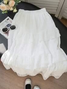 High Waist Lace Trim Slimming White A-Line Skirt, Suitable For Winter, Christmas, Spring Festival, New Year Outfits