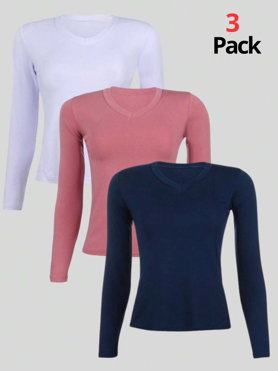 Kit 3 Women's Basic Long Sleeve V-Neck Blouses - Trắng-Hồng-Xanh nước biển - Xem 1