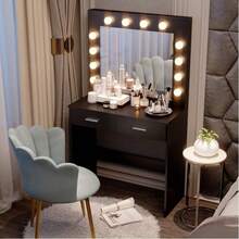 Dressing Table Set With LED Lights Mirror, Vanity Makeup Table 2 Large Drawers And Stool (Black)