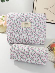 1 PC Pink And Purple Small Floral Quilted Bag Make Up Bag,Fashionable And Casual Large Capacity Portable Zipper Makeup Bags,Travel And Vacation Essentials Cosmetic Bags For Sanitary Napkins,Pouch Pads,Wired Earphones,Headphones,Charger,Lipsticks,Cosmetics,Perfume,Skin Care And Beauty Products,Home Decor,For Mom,Women,Nurses,Students,School Girls,Keys,Holiday Gifts