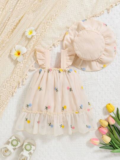 فستان رومبير رومبير للرضيعة مطرز بالزهور بأكمام من التول