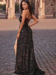 Black Sparkly Lace Mermaid Formal Evening Dresses With High Slit Luxury Sequin Prom Party Gowns, Wedding Guest Dress, Evening Dress