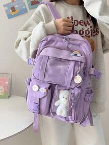 Two Tone Classic Backpack Letter Patch,Kawaii School Style: Cute Nylon Backpack With Pins & Accessor - Purple - View 7