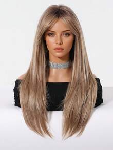 混合棕金色假发，带刘海，自然分层长直发，万圣节假发，女士耐热纤维合成假发，适合日常派对假发 - 棕色 - 查看 4