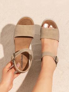 Women's Open Toe Buckle Ankle Strap Espadrille Platform Wedge Sandals - Khaki - View 6