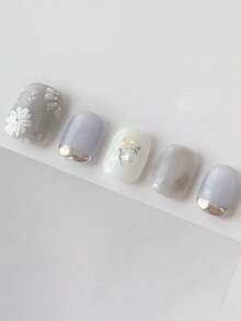 10 片高端柔和蓝色手绘花卉精美闪光法式美甲假指甲（随机亮片）按压式指甲美甲用品指甲