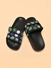 Dép xốp trẻ em, đế mềm chống trượt nhẹ, thiết kế hình bóng đá dễ thương, thích hợp mặc trong nhà/ngoài trời thường ngày, nhanh khô, đế dày màu trơn đơn giản, dép đi biển/bóng rổ cho cả nam và nữ - màu đen - Xem 4