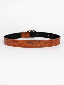 1pc Women's Vintage Casual Carved Buckle Brown Floral Embossed Waist Belt, Suitable For Everyday Wear - Flower Engraved Buckle Brown Flower Embossed - View 3
