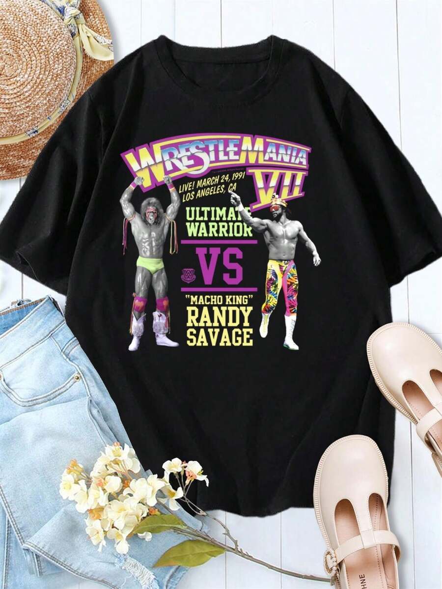 Ultimate Warrior Vs Macho Man WrestleMania Women's T-Shirt Retro Wrestling Tee Classic 80s Design Vintage WWE Shirt - màu đen - Xem 1