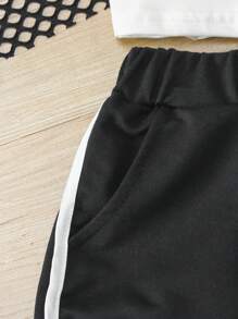 3pcs/Set Girls Summer Outfit: Letter Print Spaghetti Strap Vest + Black Mesh Overlay Top + Shorts Set, Outdoor Brooklyn Letter Print Vest + Mesh Overlay Top + Shorts Set, 3pcs Fashionable Set With Mesh Overlay Top & Vest + Sports Shorts, Spring & Summer