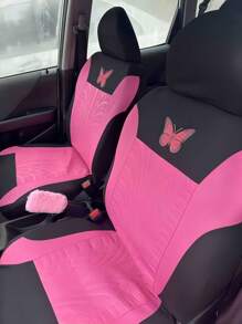 1 set accessoires d'intérieur de voiture pour femmes : housses de siège avant motif papillon mignon, couvre volant/frein à main/pommeau de vitesse en peluche, décoration suspendue de rétroviseur en peluche et strass, 1 paire de porte-gobelets en silicone, accessoires d'intérieur de voiture roses