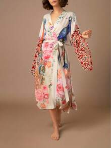 Women's Printed Beach Smock Peacock Pattern Positioning Printed Belt Holiday Sun Protection Long Cardigan - Apricot - View 1