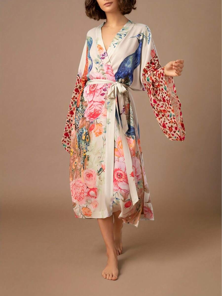 Women's Printed Beach Smock Peacock Pattern Positioning Printed Belt Holiday Sun Protection Long Cardigan - Apricot - View 1