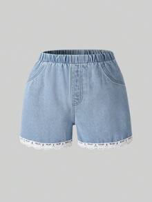 1pc Girls' Casual Comfortable Outdoor Versatile Cute Lace Trim Denim Shorts - Medium Wash - View 2