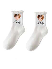 1Pair Ear Socks For Women Milk White Jk Black Japanese College Style Ins Jk Pile Socks Personalized Text Customization