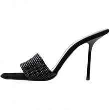 Women's Black Square - Toe Sandals With Rhinestones And One - Strap, High Heel, Summer Slides - Black - View 6