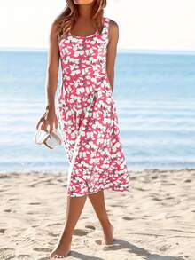 时尚印花无袖连衣裙，轻盈优雅，适合休闲、海滩、旅行、工作、婚礼、派对、睡衣等多种场合。 - 粉色 - 查看 4