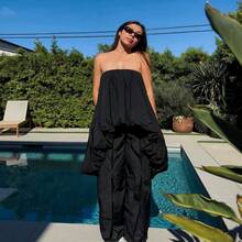 Women Irregular Hem Loose Bubble Tube Tops Solid Color Summer Sleeveless Clothes - 黑色 - 查看 4